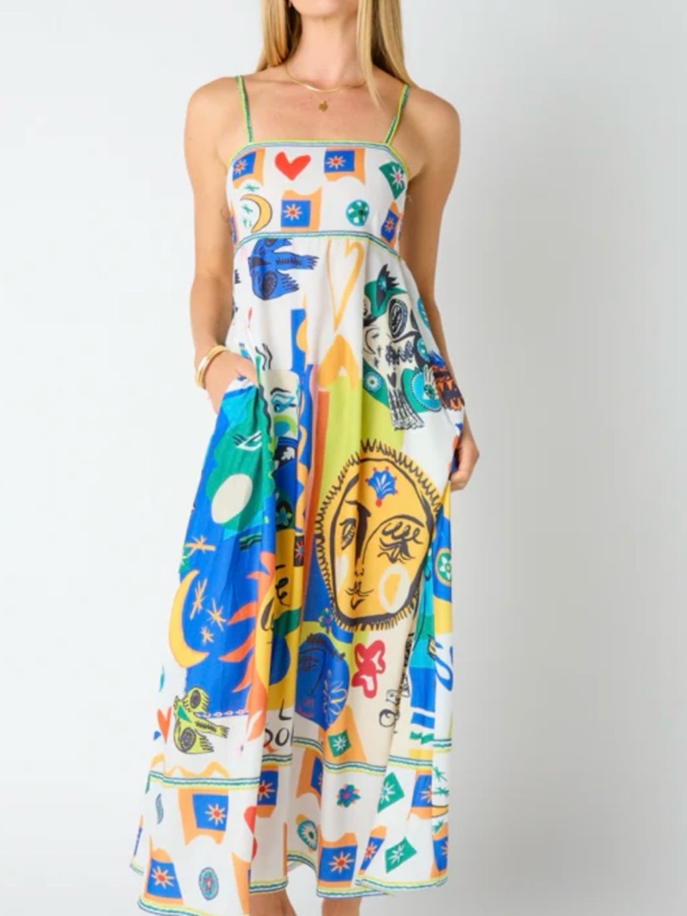 Curacao Vestique- Multi-Color Print Maxi Dress - White/Blue/Yellow sz small